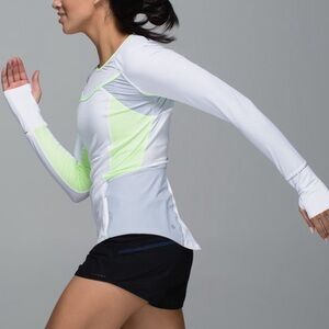 Lululemon Athletica White and Neon Green Long Sleeve Top and skirt set
